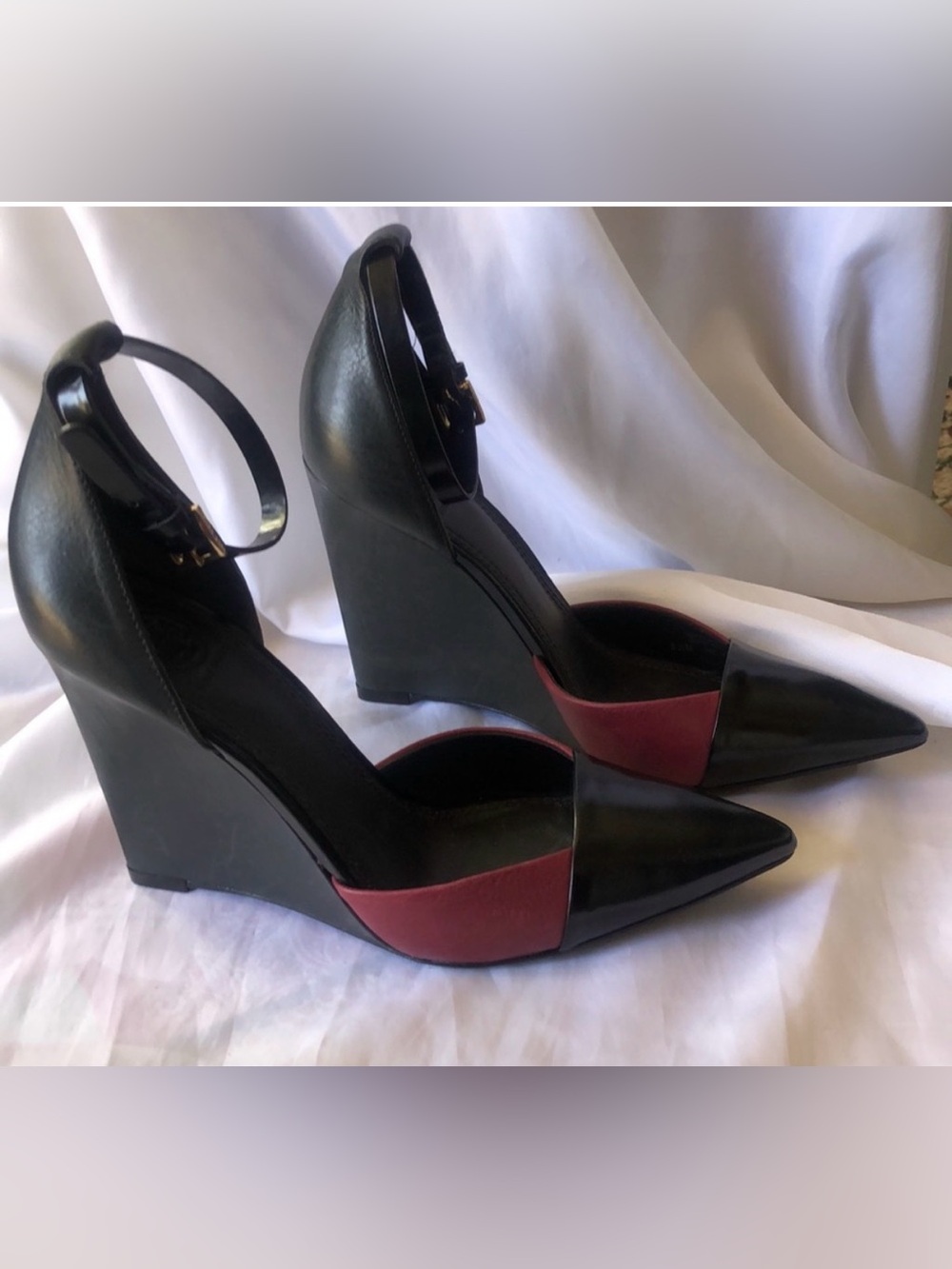 Tory Burch d'Orsay high-heeled pumps black & burgundy maroon wine leather 7.5